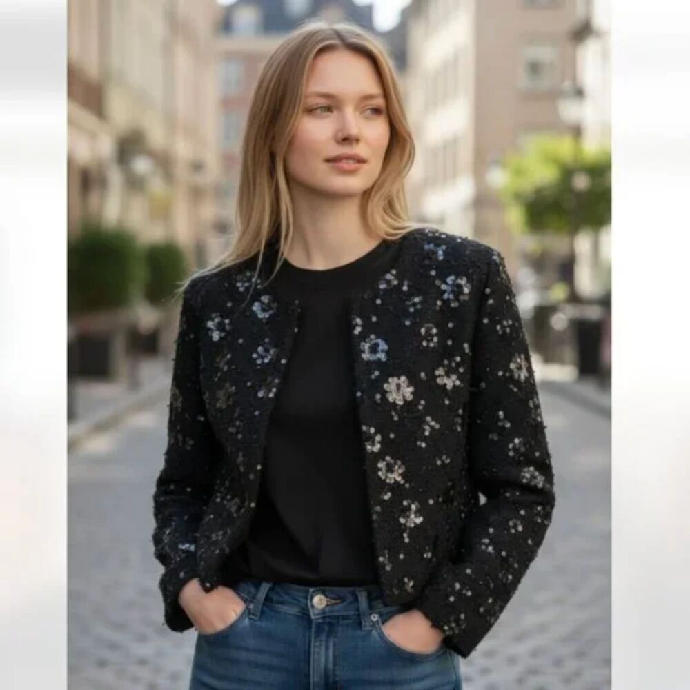 NWT ZARA SEQUIN BLAZER BLACK ROUND NECK